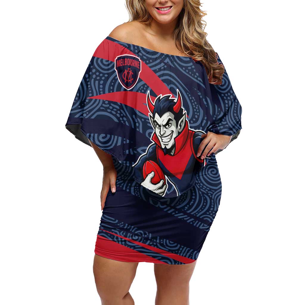 Melbourne Demons Australian Football Off Shoulder Short Dress Devil Mascot With Indigenous Pattern Art