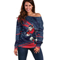 Melbourne Demons Australian Football Off Shoulder Sweater Devil Mascot With Indigenous Pattern Art