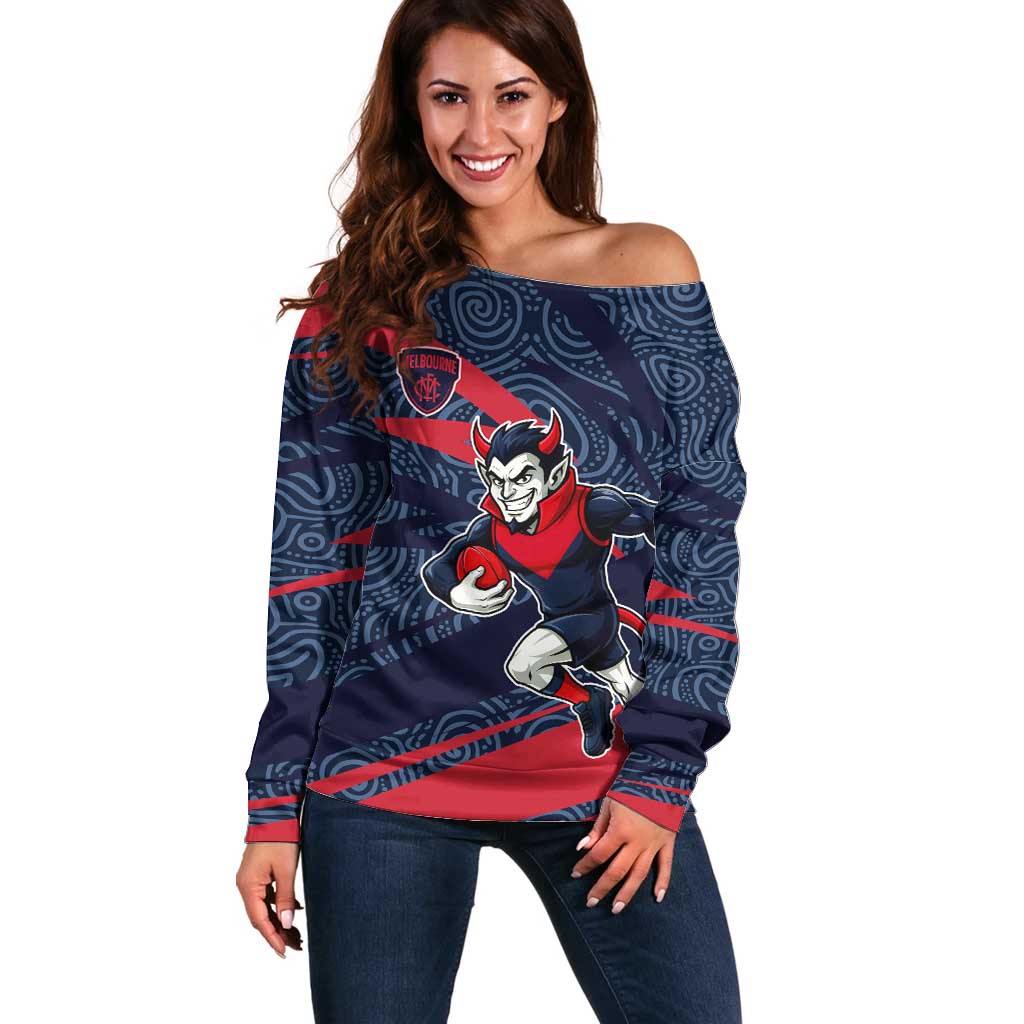 Melbourne Demons Australian Football Off Shoulder Sweater Devil Mascot With Indigenous Pattern Art