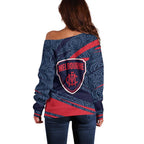 Melbourne Demons Australian Football Off Shoulder Sweater Devil Mascot With Indigenous Pattern Art