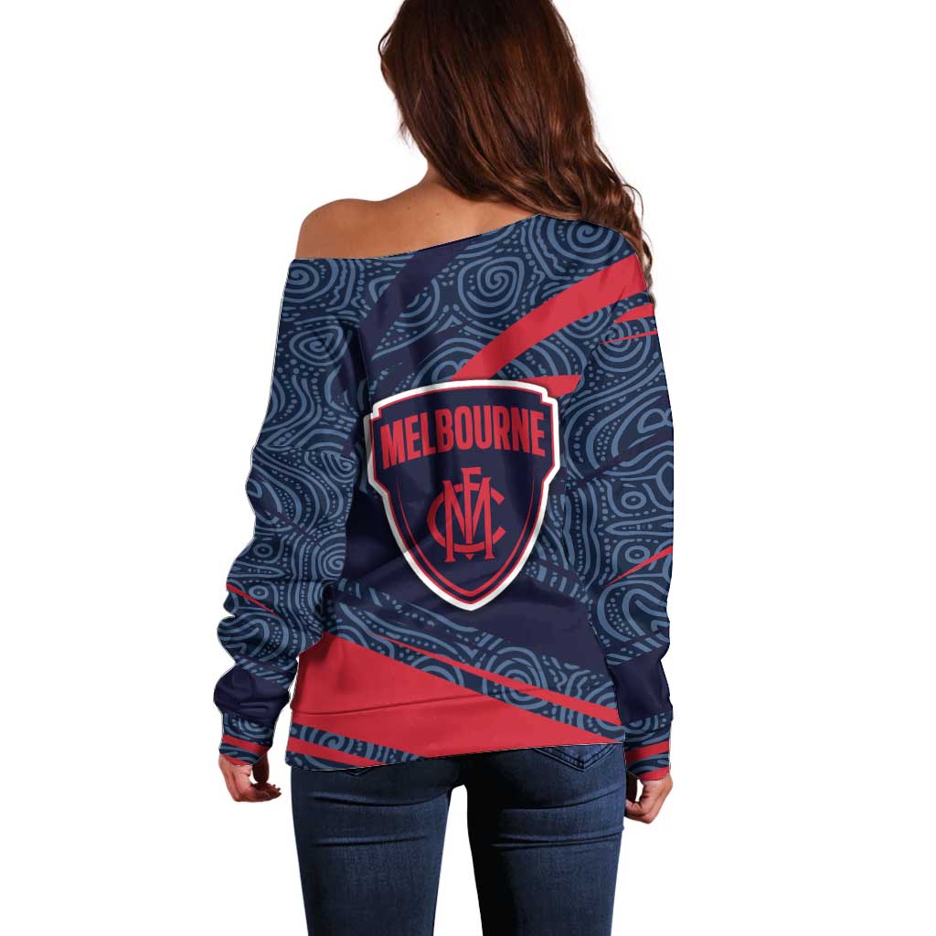 Melbourne Demons Australian Football Off Shoulder Sweater Devil Mascot With Indigenous Pattern Art