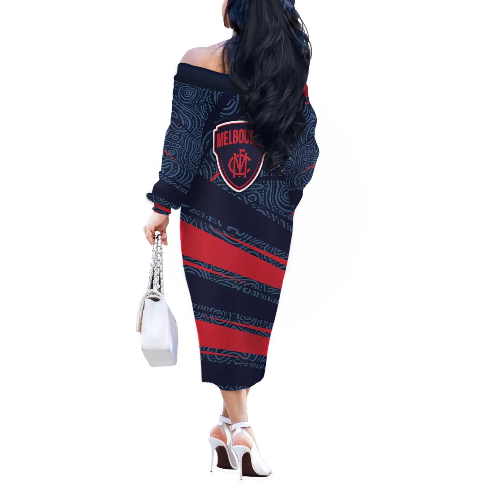 Melbourne Demons Australian Football Off The Shoulder Long Sleeve Dress Devil Mascot With Indigenous Pattern Art