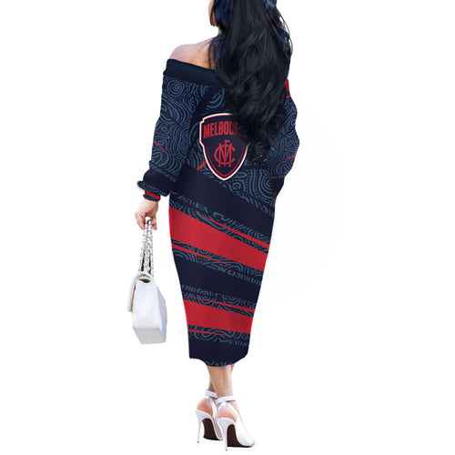 Melbourne Demons Australian Football Off The Shoulder Long Sleeve Dress Devil Mascot With Indigenous Pattern Art