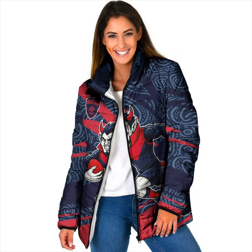 Melbourne Demons Australian Football Padded Jacket Devil Mascot With Indigenous Pattern Art