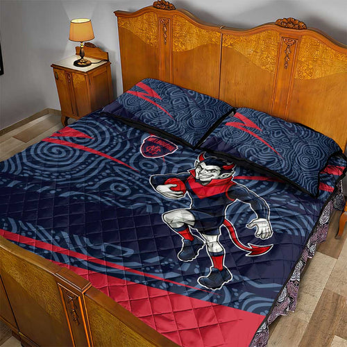 Melbourne Demons Australian Football Quilt Bed Set Devil Mascot With Indigenous Pattern Art