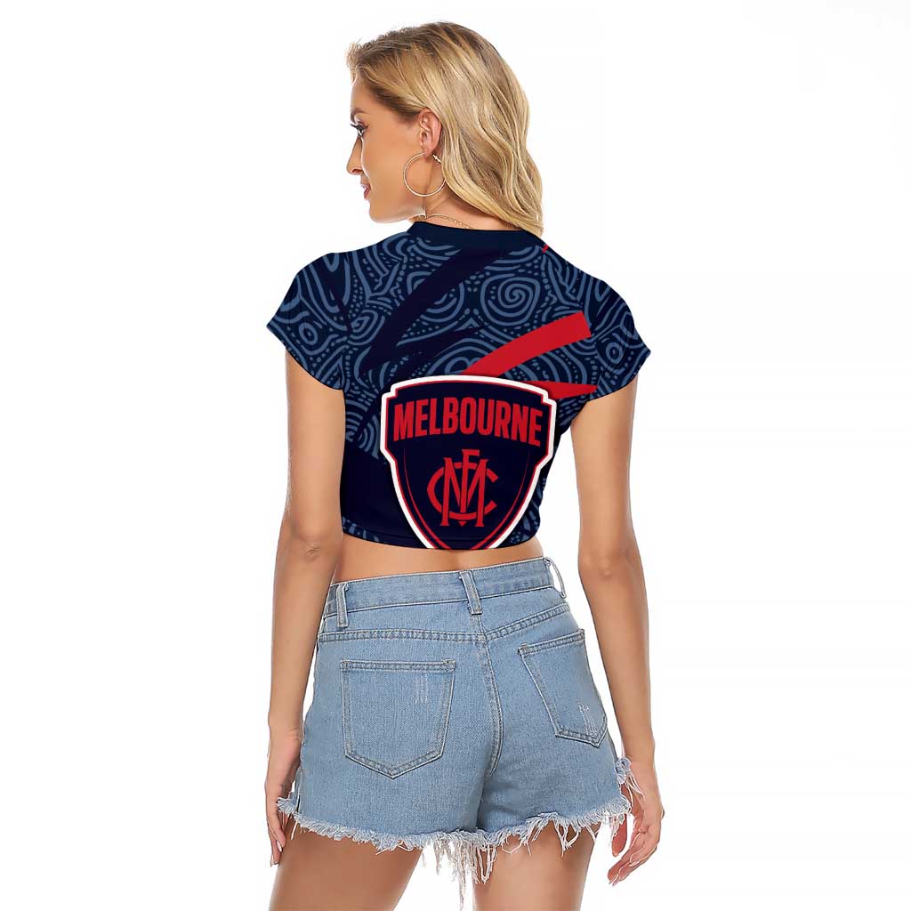 Melbourne Demons Australian Football Raglan Cropped T Shirt Devil Mascot With Indigenous Pattern Art