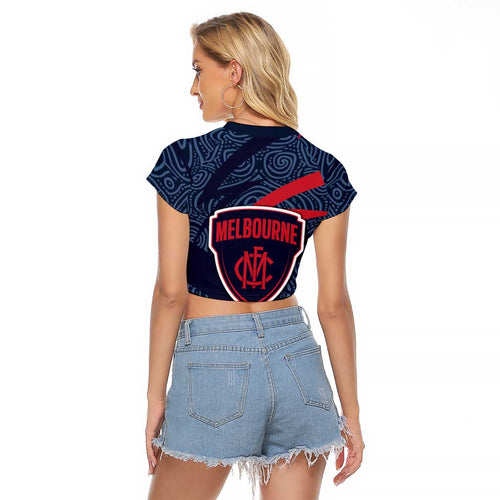 Melbourne Demons Australian Football Raglan Cropped T Shirt Devil Mascot With Indigenous Pattern Art