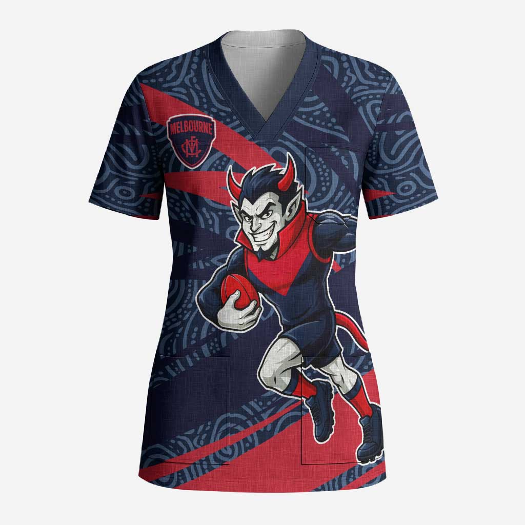 Melbourne Demons Australian Football Scrub Top Devil Mascot With Indigenous Pattern Art