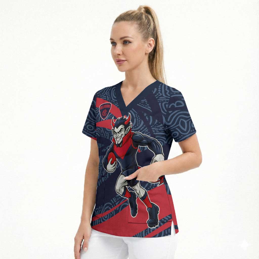 Melbourne Demons Australian Football Scrub Top Devil Mascot With Indigenous Pattern Art