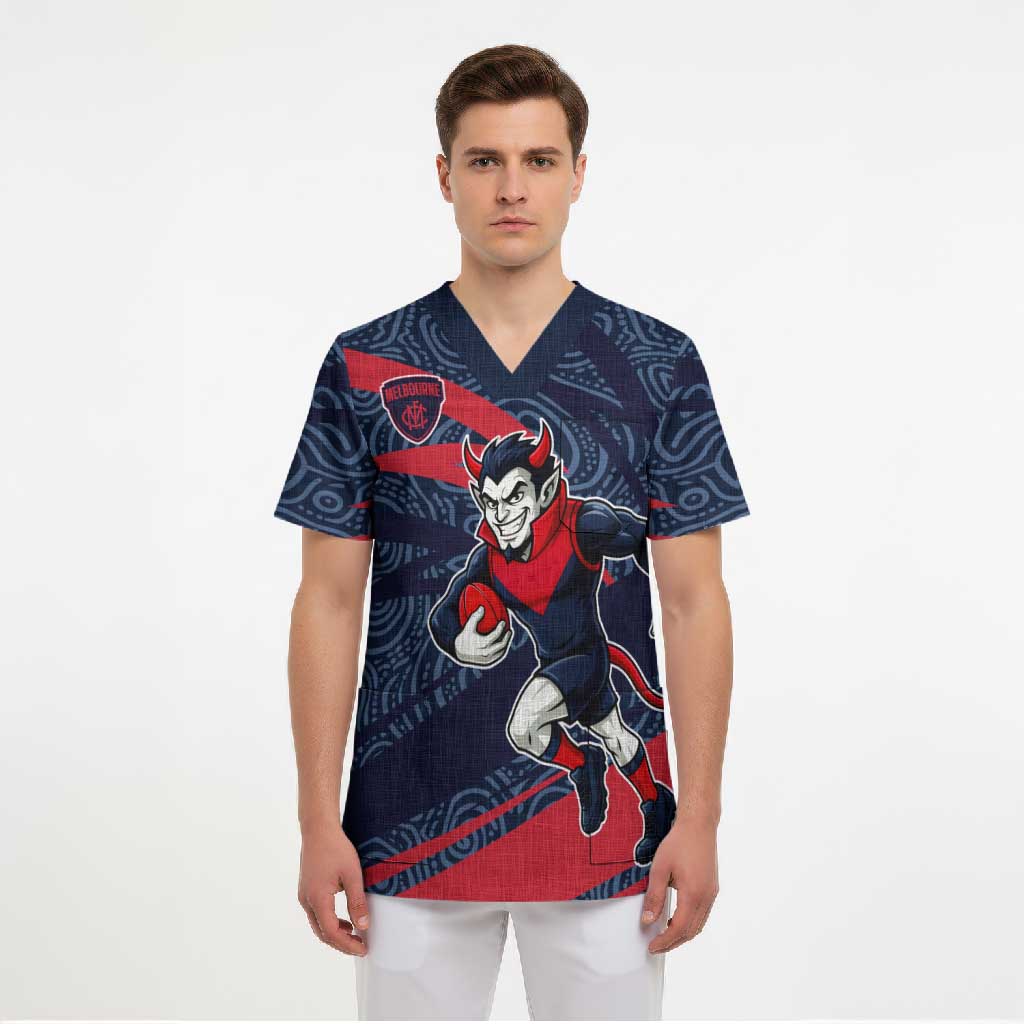 Melbourne Demons Australian Football Scrub Top Devil Mascot With Indigenous Pattern Art