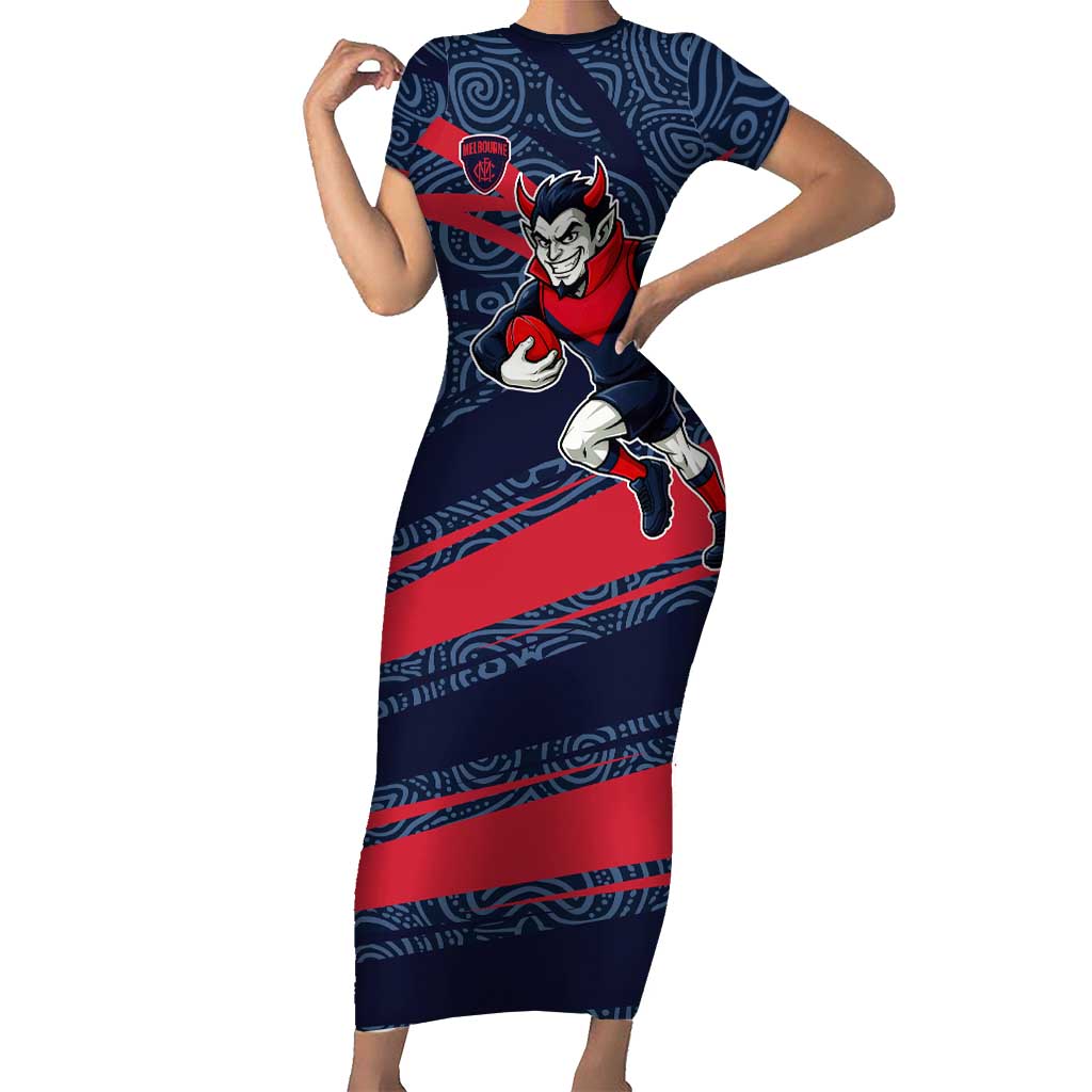 Melbourne Demons Australian Football Short Sleeve Bodycon Dress Devil Mascot With Indigenous Pattern Art