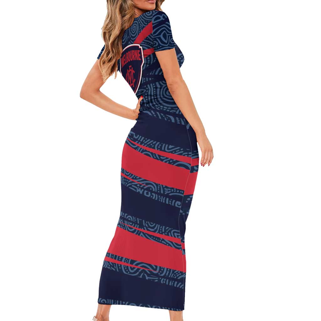 Melbourne Demons Australian Football Short Sleeve Bodycon Dress Devil Mascot With Indigenous Pattern Art