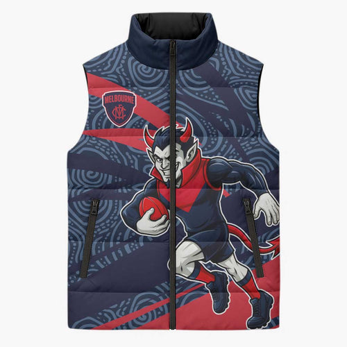 Melbourne Demons Australian Football Sleeveless Puffer Jacket Devil Mascot With Indigenous Pattern Art
