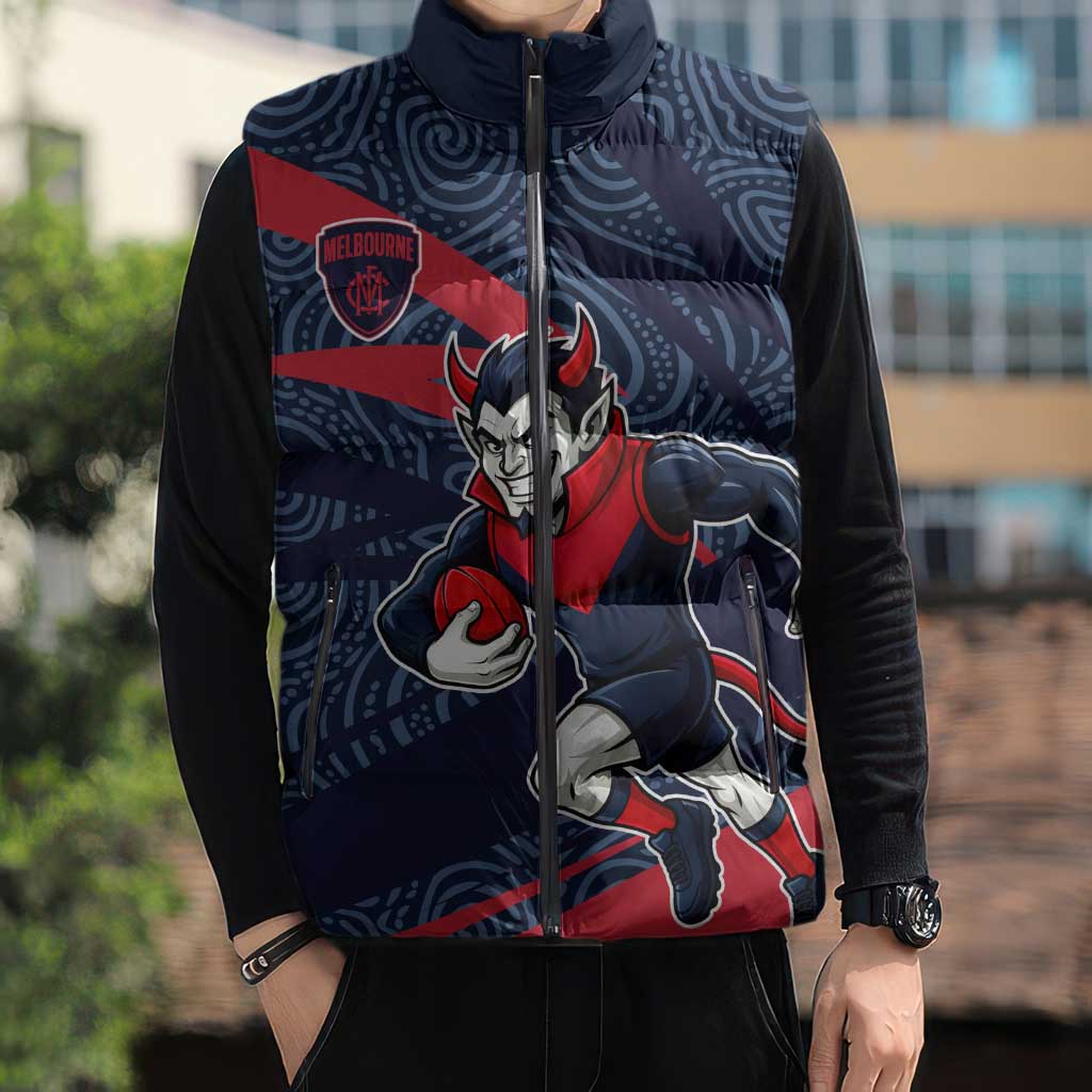 Melbourne Demons Australian Football Sleeveless Puffer Jacket Devil Mascot With Indigenous Pattern Art