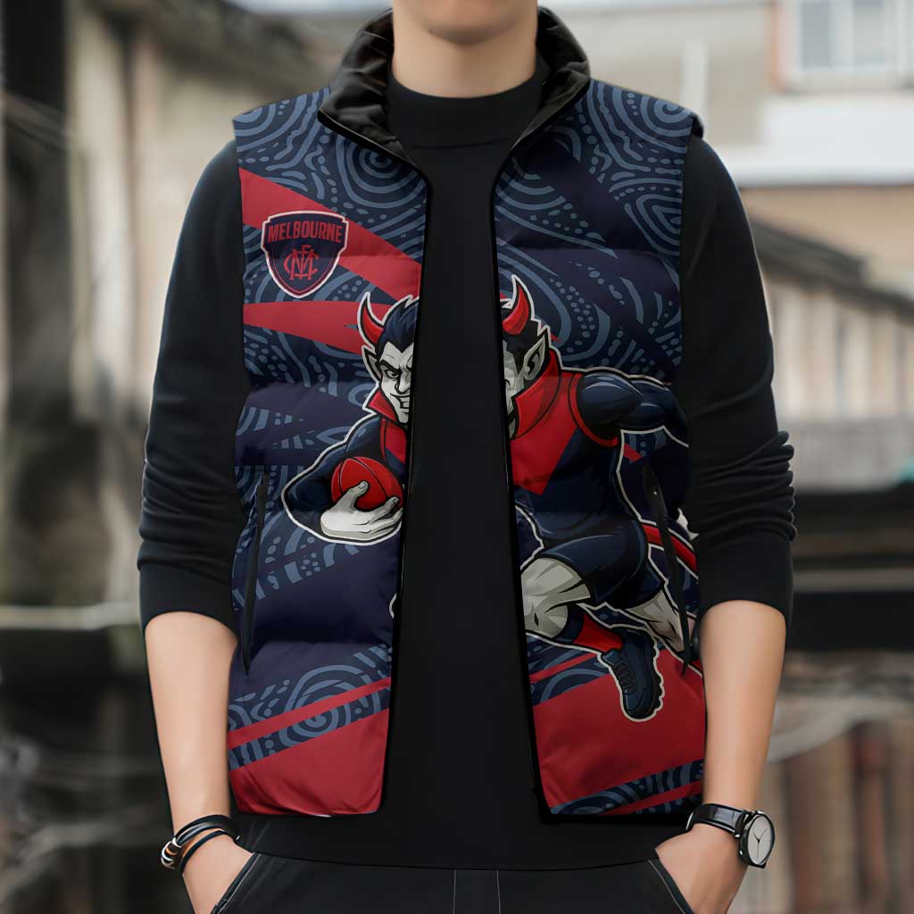 Melbourne Demons Australian Football Sleeveless Puffer Jacket Devil Mascot With Indigenous Pattern Art