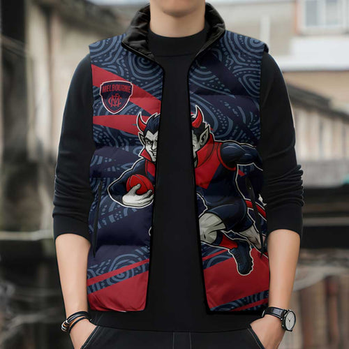 Melbourne Demons Australian Football Sleeveless Puffer Jacket Devil Mascot With Indigenous Pattern Art