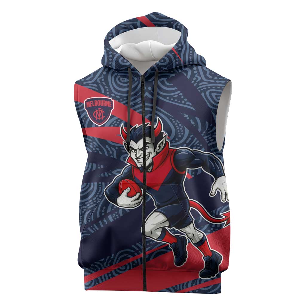 Melbourne Demons Australian Football Sleeveless Zip Hoodie Devil Mascot With Indigenous Pattern Art