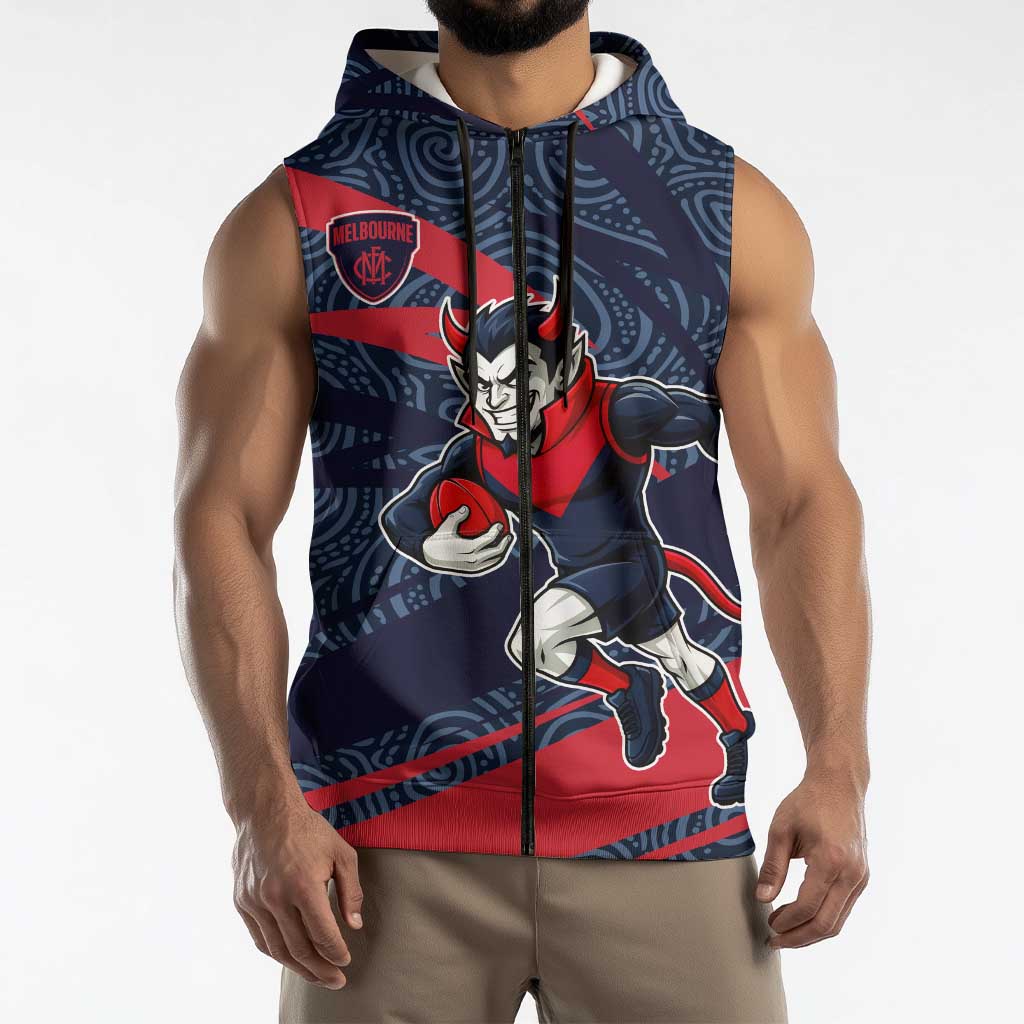Melbourne Demons Australian Football Sleeveless Zip Hoodie Devil Mascot With Indigenous Pattern Art