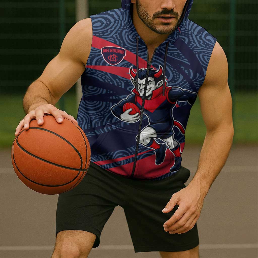 Melbourne Demons Australian Football Sleeveless Zip Hoodie Devil Mascot With Indigenous Pattern Art