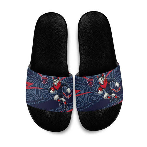 Melbourne Demons Australian Football Slide Sandals Devil Mascot With Indigenous Pattern Art