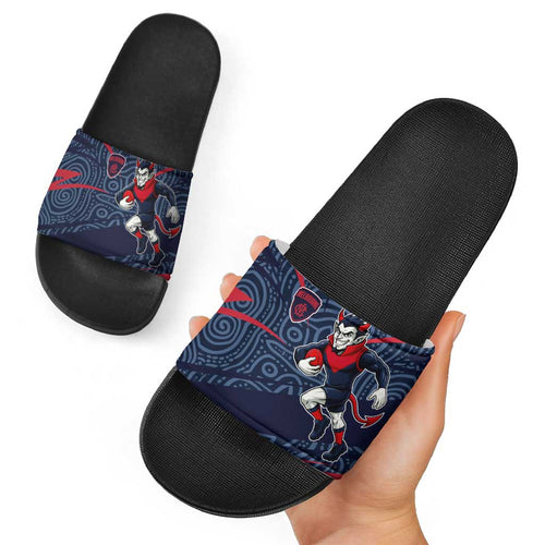 Melbourne Demons Australian Football Slide Sandals Devil Mascot With Indigenous Pattern Art