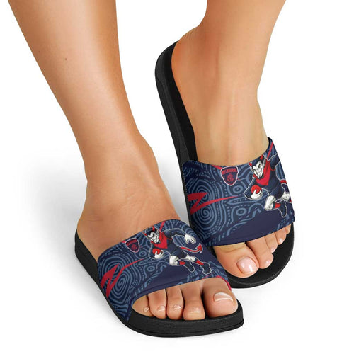 Melbourne Demons Australian Football Slide Sandals Devil Mascot With Indigenous Pattern Art