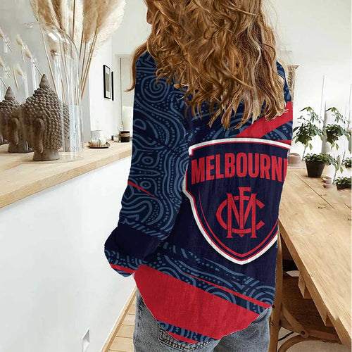 Melbourne Demons Australian Football Women Casual Shirt Devil Mascot With Indigenous Pattern Art