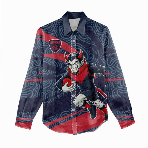 Melbourne Demons Australian Football Women Casual Shirt Devil Mascot With Indigenous Pattern Art