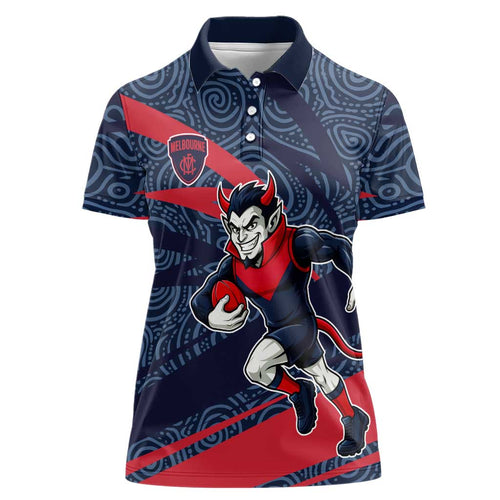 Melbourne Demons Australian Football Women Polo Shirt Devil Mascot With Indigenous Pattern Art