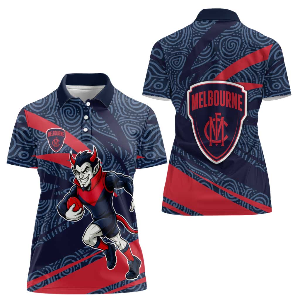 Melbourne Demons Australian Football Women Polo Shirt Devil Mascot With Indigenous Pattern Art