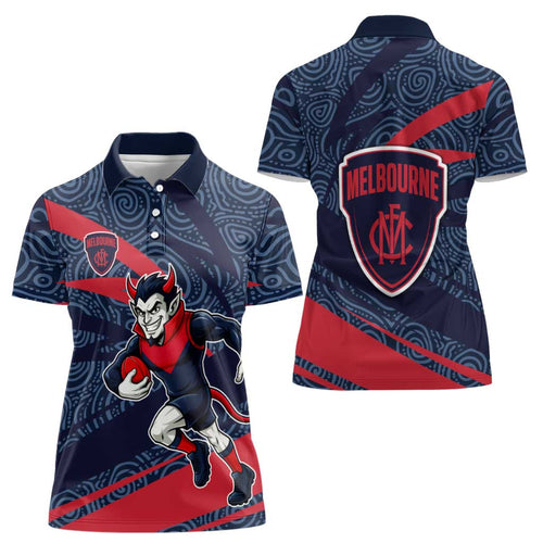 Melbourne Demons Australian Football Women Polo Shirt Devil Mascot With Indigenous Pattern Art