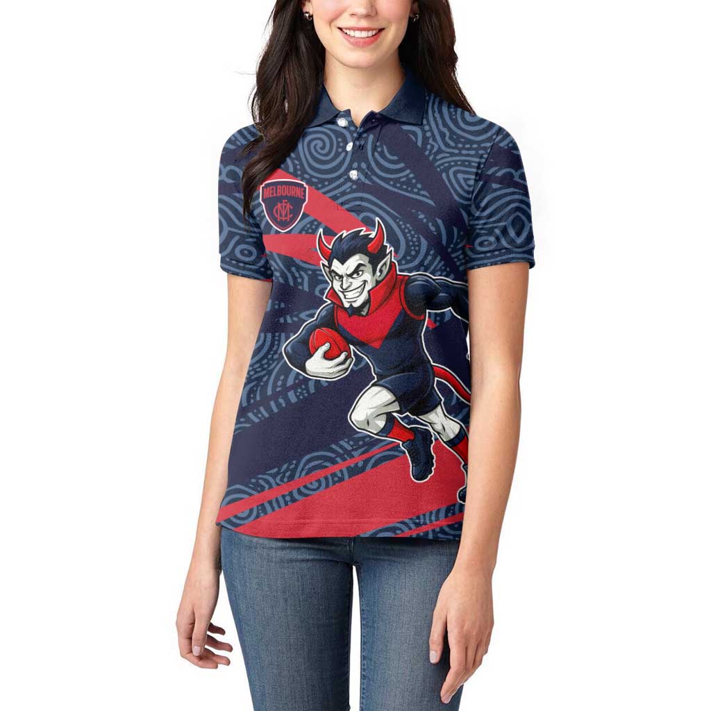 Melbourne Demons Australian Football Women Polo Shirt Devil Mascot With Indigenous Pattern Art
