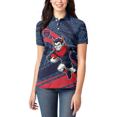 Melbourne Demons Australian Football Women Polo Shirt Devil Mascot With Indigenous Pattern Art