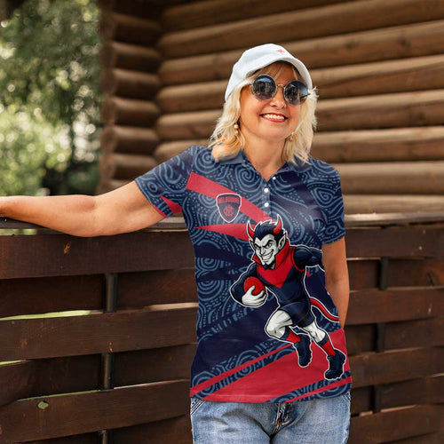 Melbourne Demons Australian Football Women Polo Shirt Devil Mascot With Indigenous Pattern Art