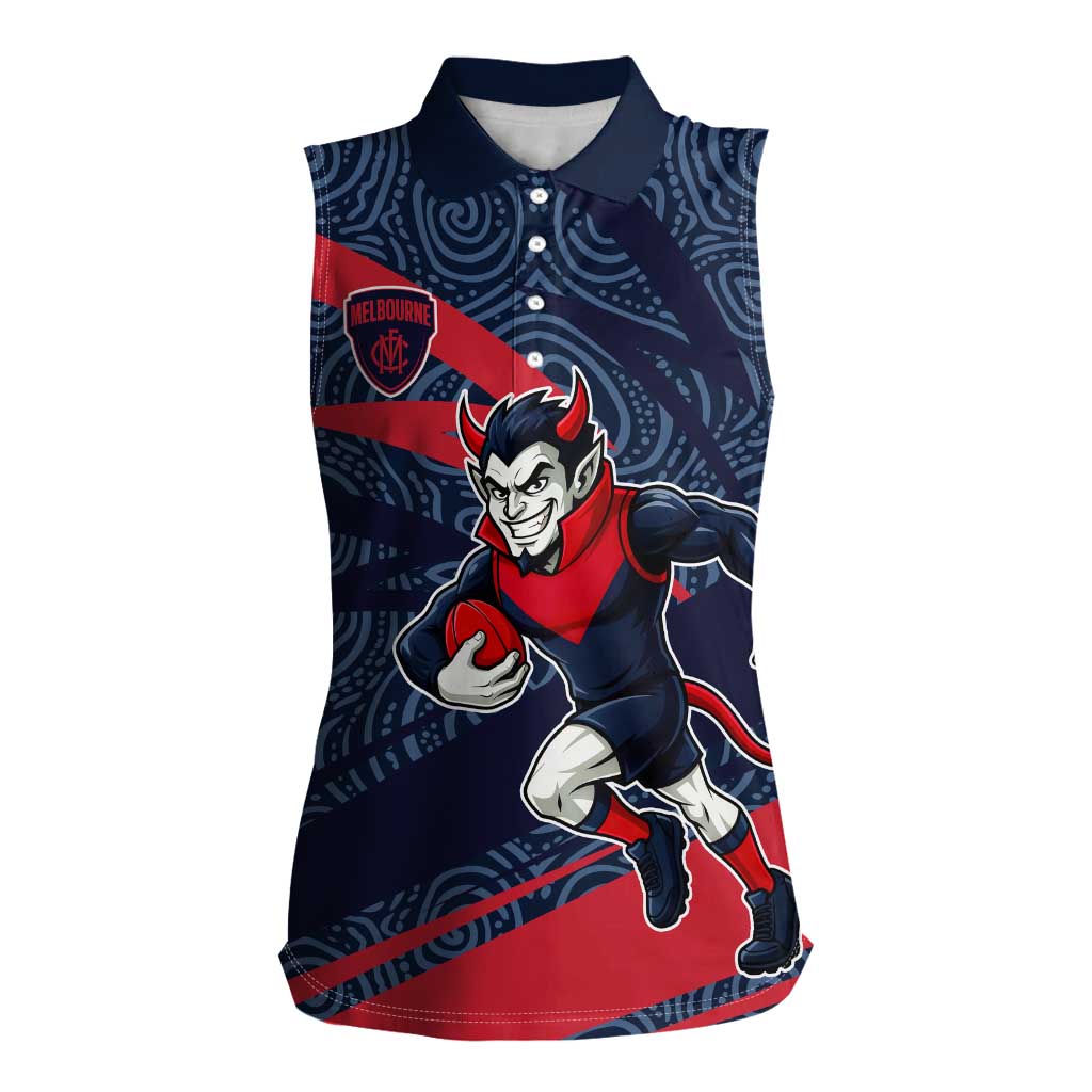 Melbourne Demons Australian Football Women Sleeveless Polo Shirt Devil Mascot With Indigenous Pattern Art