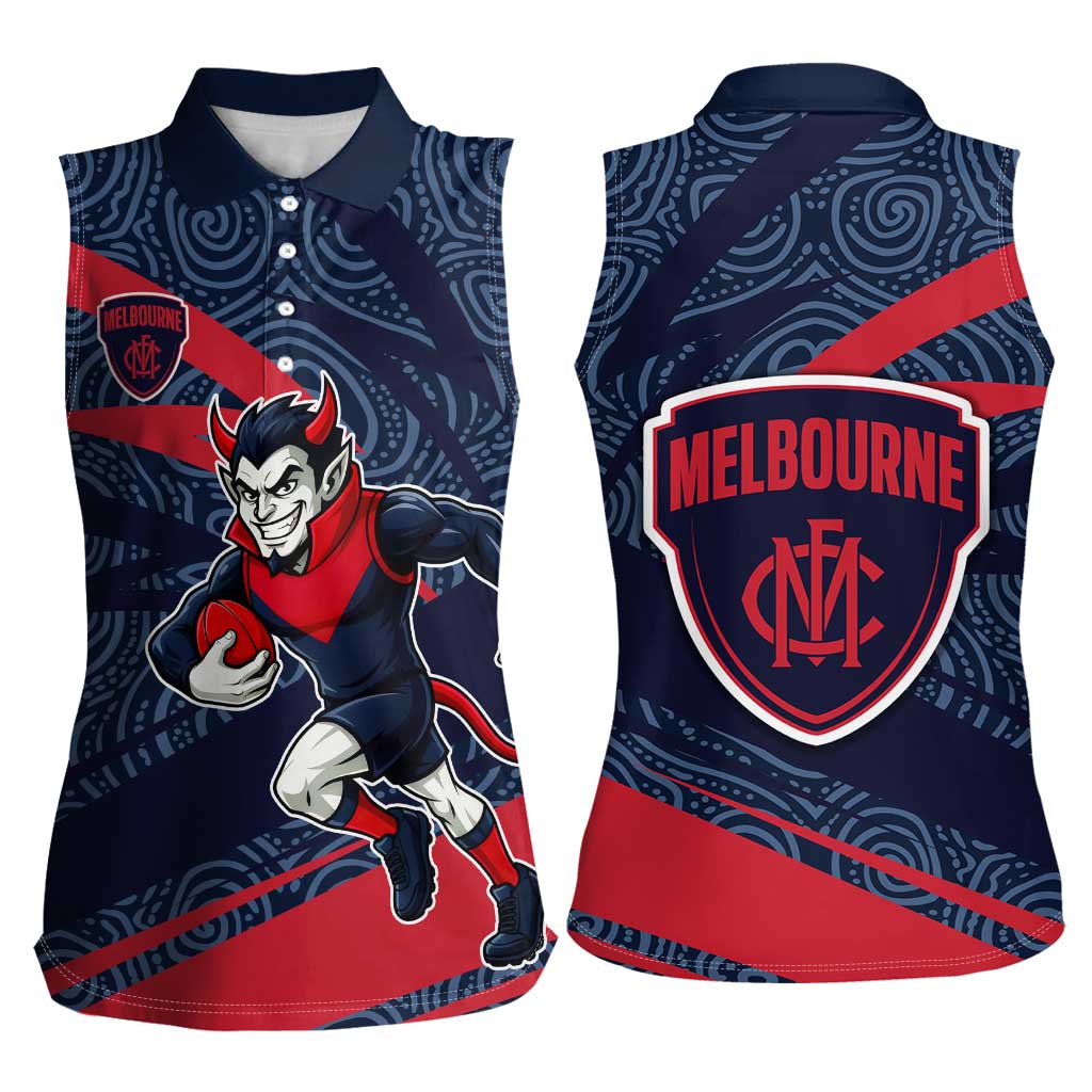 Melbourne Demons Australian Football Women Sleeveless Polo Shirt Devil Mascot With Indigenous Pattern Art