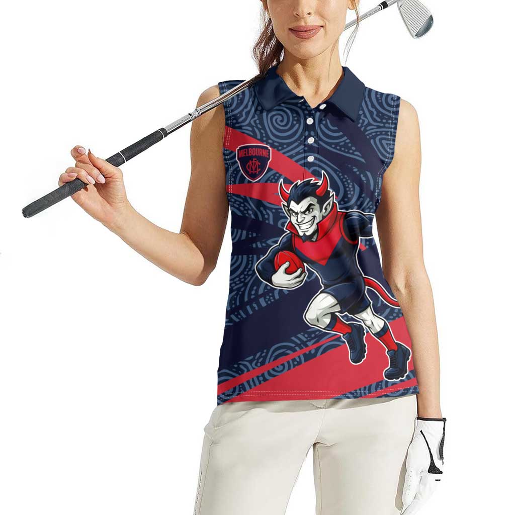 Melbourne Demons Australian Football Women Sleeveless Polo Shirt Devil Mascot With Indigenous Pattern Art