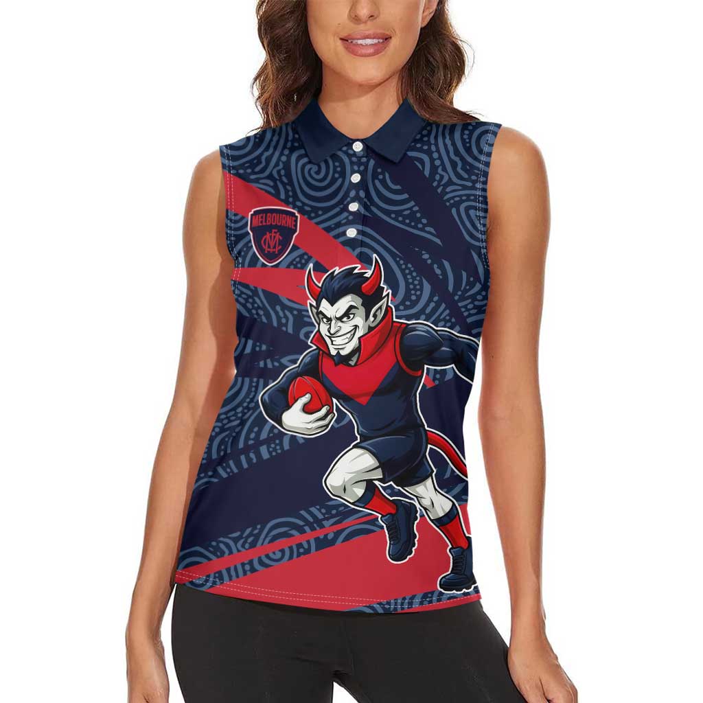 Melbourne Demons Australian Football Women Sleeveless Polo Shirt Devil Mascot With Indigenous Pattern Art