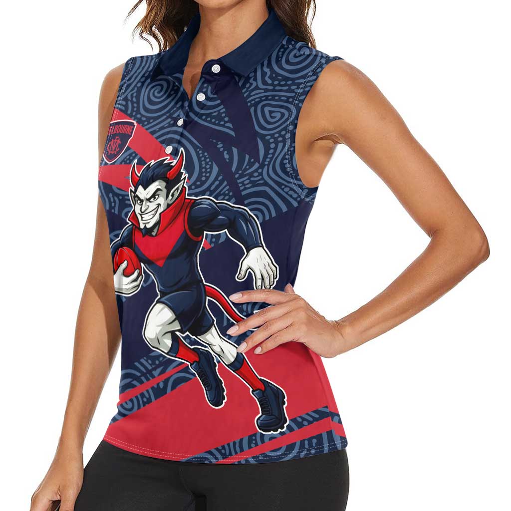 Melbourne Demons Australian Football Women Sleeveless Polo Shirt Devil Mascot With Indigenous Pattern Art