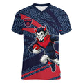 Melbourne Demons Australian Football Women V-Neck T-Shirt Devil Mascot With Indigenous Pattern Art