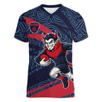 Melbourne Demons Australian Football Women V-Neck T-Shirt Devil Mascot With Indigenous Pattern Art