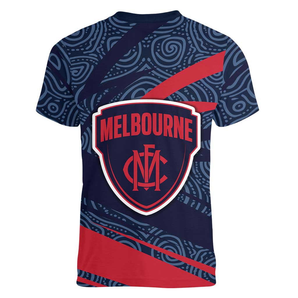 Melbourne Demons Australian Football Women V-Neck T-Shirt Devil Mascot With Indigenous Pattern Art