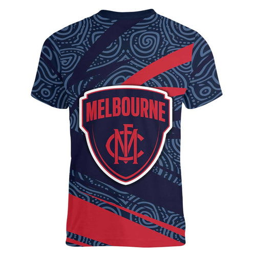 Melbourne Demons Australian Football Women V-Neck T-Shirt Devil Mascot With Indigenous Pattern Art