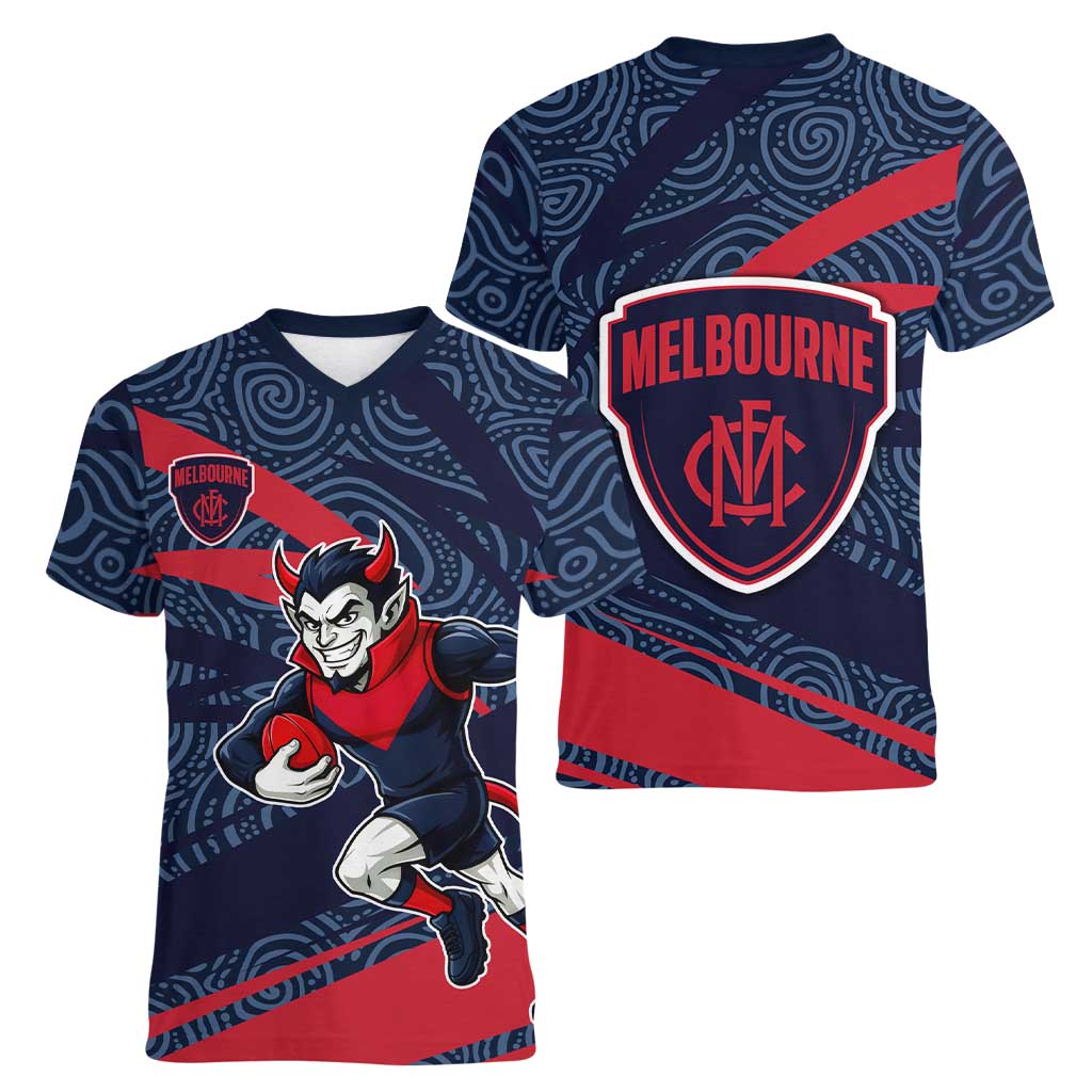 Melbourne Demons Australian Football Women V-Neck T-Shirt Devil Mascot With Indigenous Pattern Art