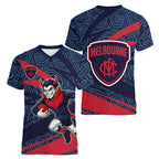 Melbourne Demons Australian Football Women V-Neck T-Shirt Devil Mascot With Indigenous Pattern Art