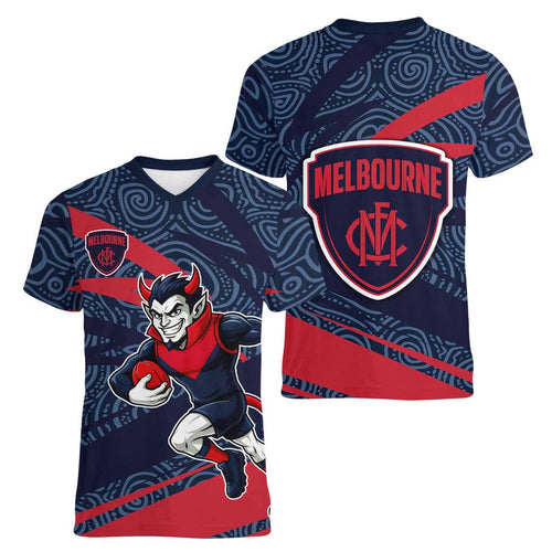 Melbourne Demons Australian Football Women V-Neck T-Shirt Devil Mascot With Indigenous Pattern Art