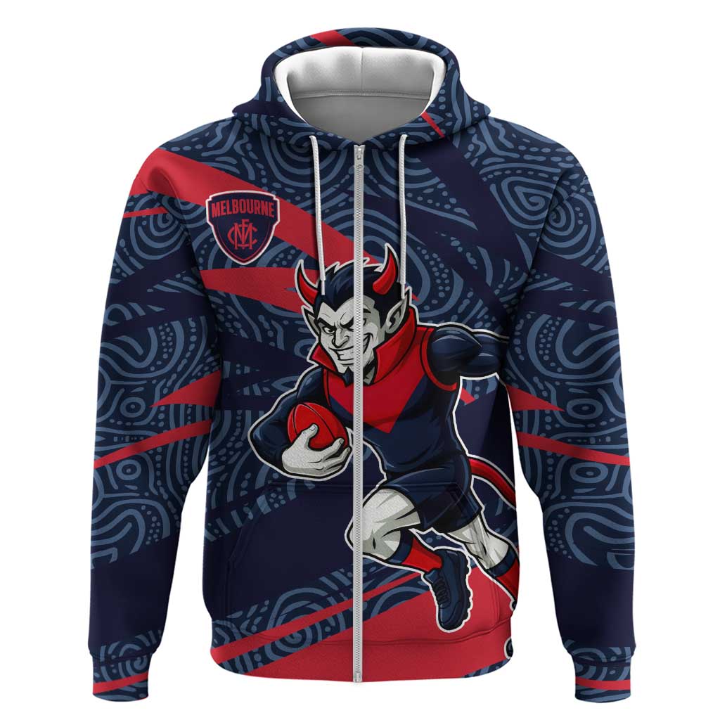 Melbourne Demons Australian Football Zip Hoodie Devil Mascot With Indigenous Pattern Art