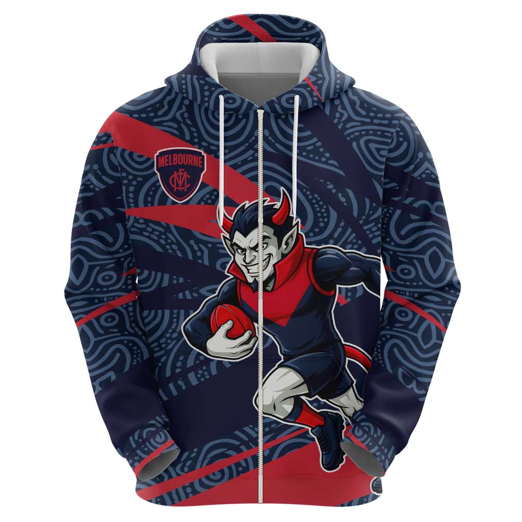 Melbourne Demons Australian Football Zip Hoodie Devil Mascot With Indigenous Pattern Art