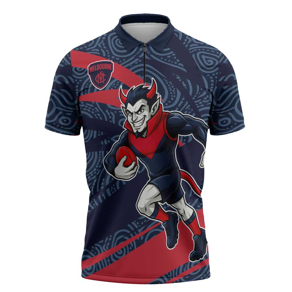 Melbourne Demons Australian Football Zipper Polo Shirt Devil Mascot With Indigenous Pattern Art