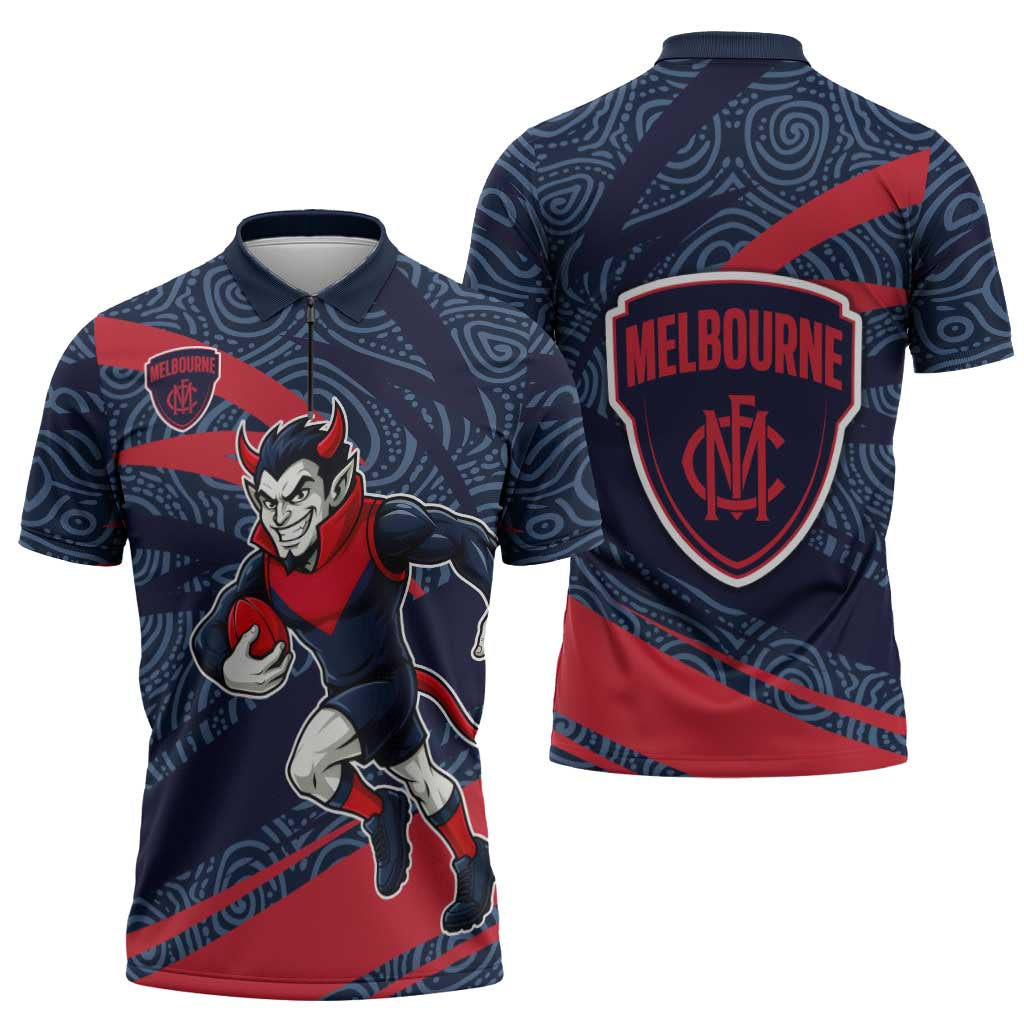 Melbourne Demons Australian Football Zipper Polo Shirt Devil Mascot With Indigenous Pattern Art